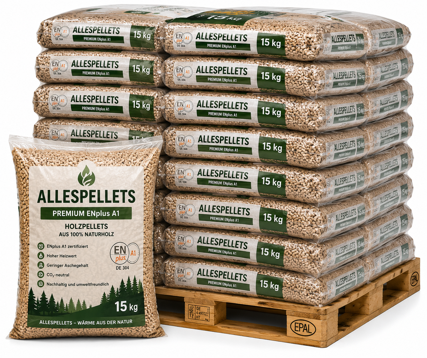 ALLESpellets Premium ENplus A1 – Palette 65 Säcke (975 kg)